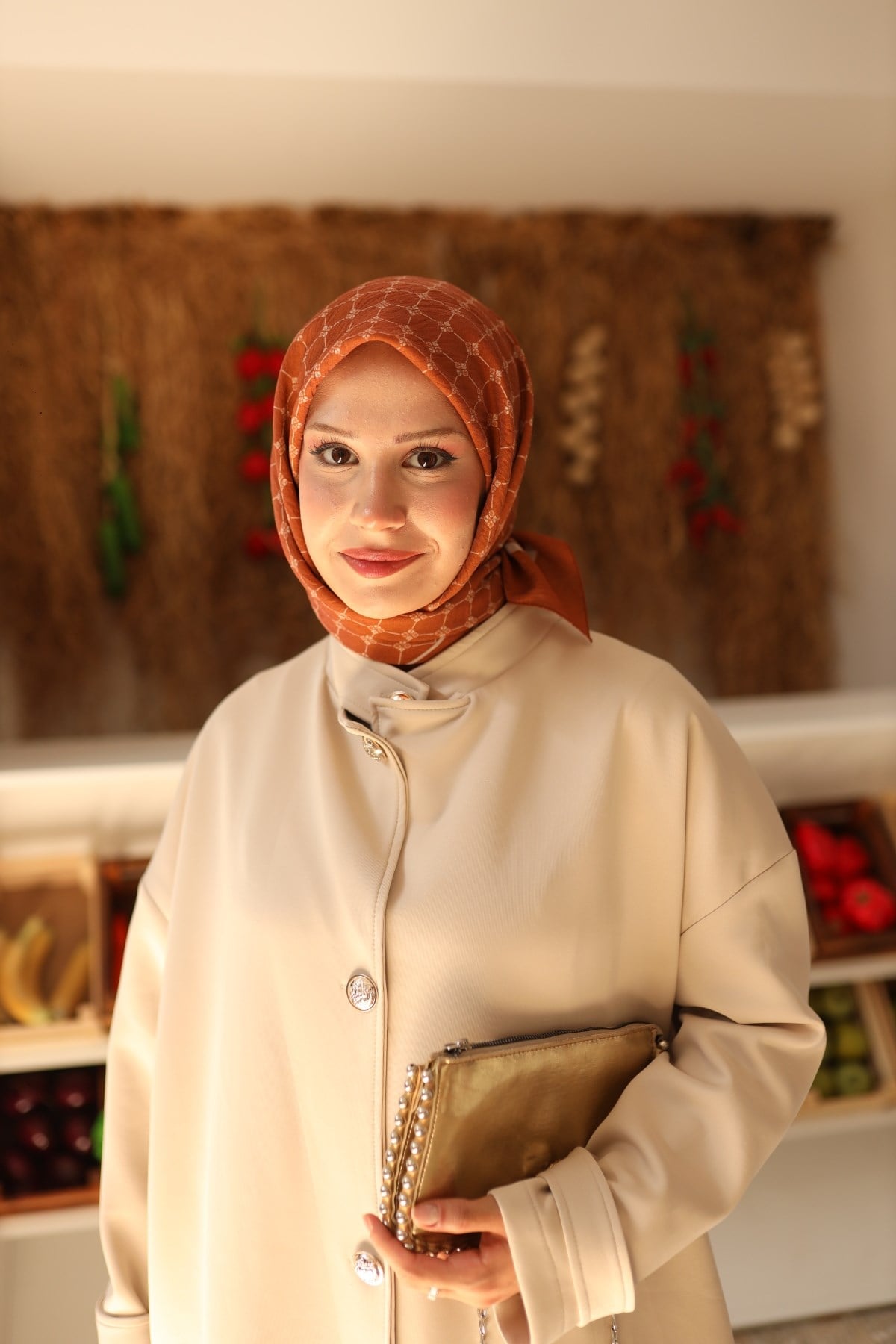 Silk Home Olinda Eşarp IST 48001 - 11 Kiremit - Vizon İnce Monogram Desen