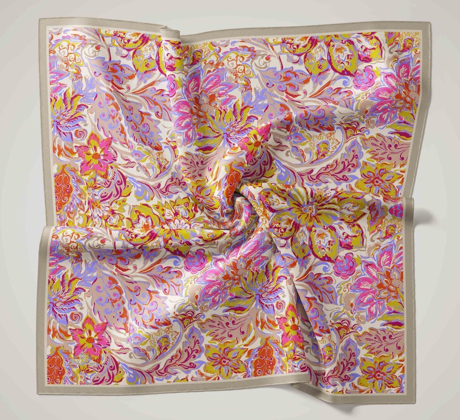 Silk Home Olinda İpek Eşarp IST 120001-06 Bej - Fuşya Mavi Çiçek Desen