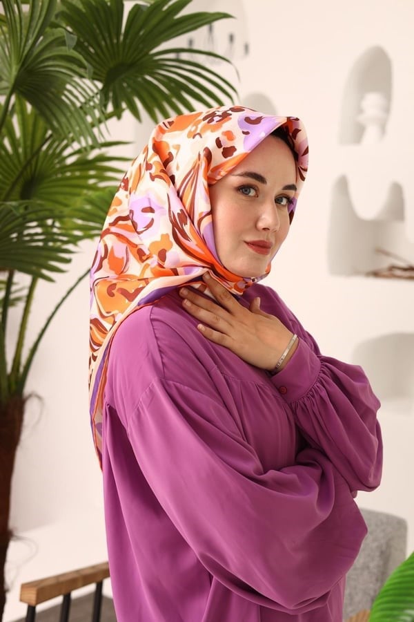 Silk Home Saf Tivil İpek Eşarp 11405 18 Turuncu Mor Soyut Desen