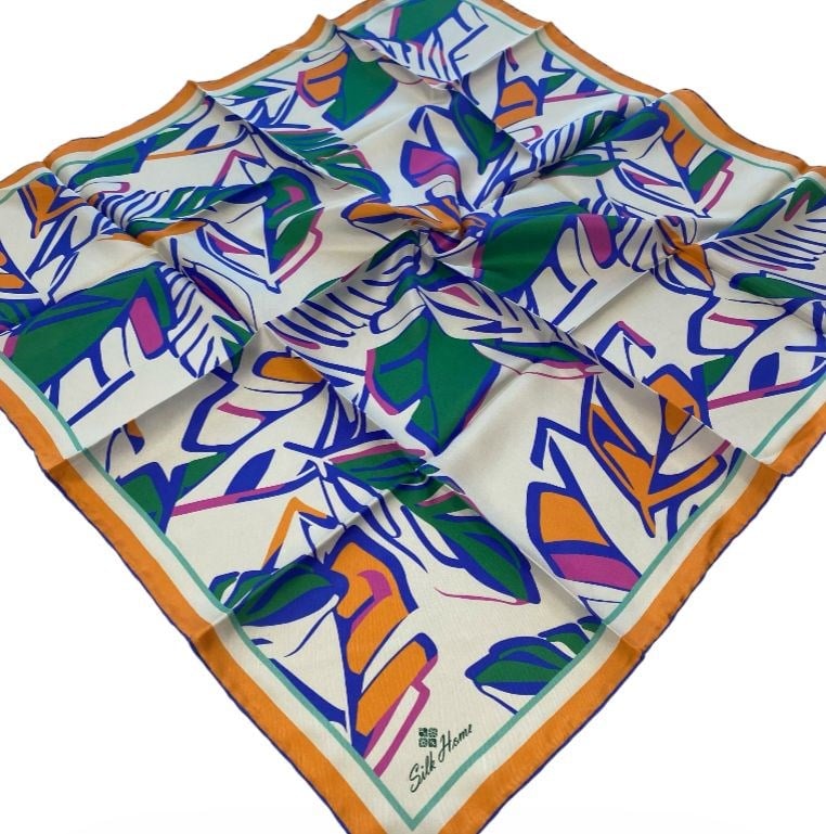 Silk Home Saks Mavisi-Turuncu  Geometrik Desen Tivil İpek Eşarp 11407 - 23