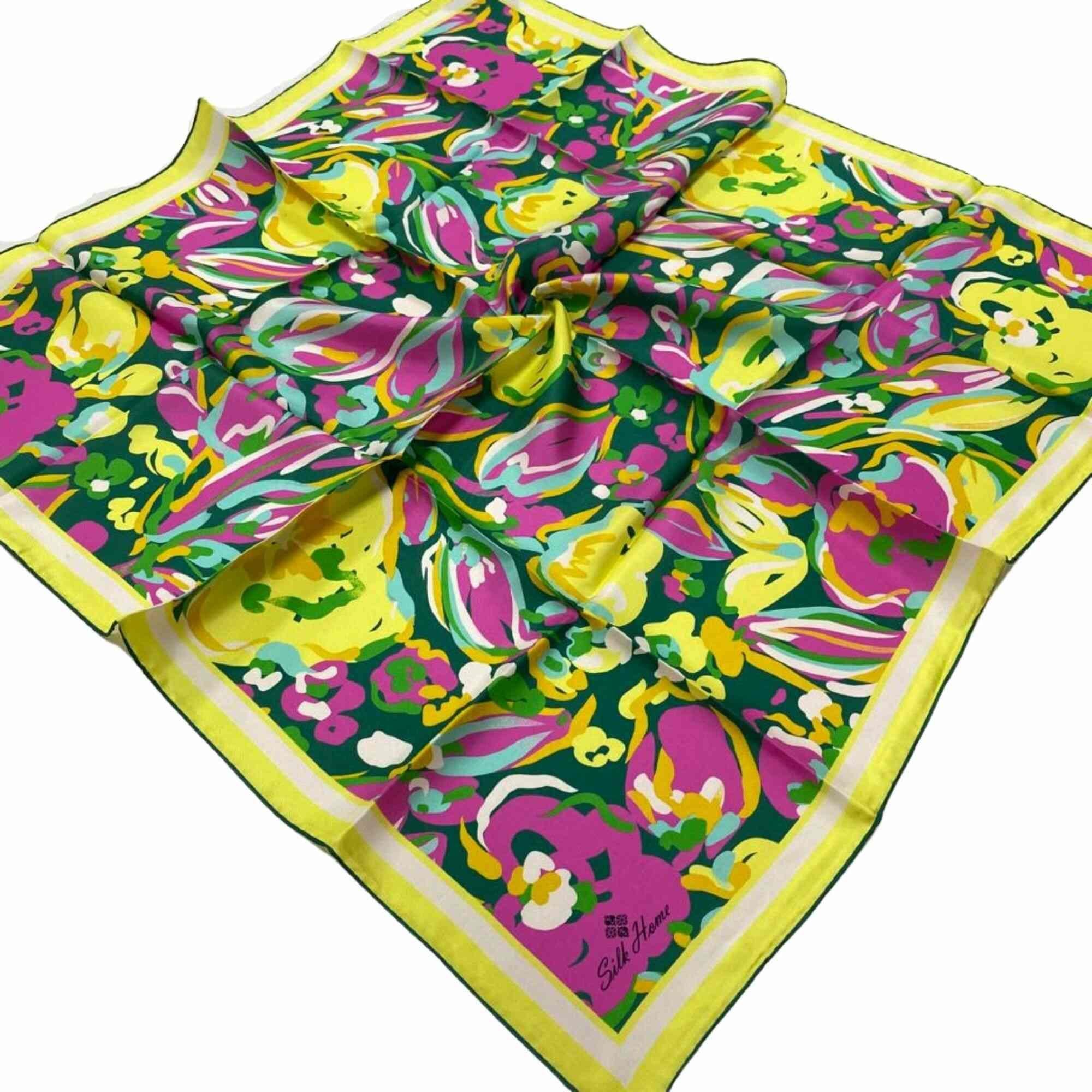 Silk Home Sarı-Yeşil Desenli Tivil İpek Eşarp 11405-93
