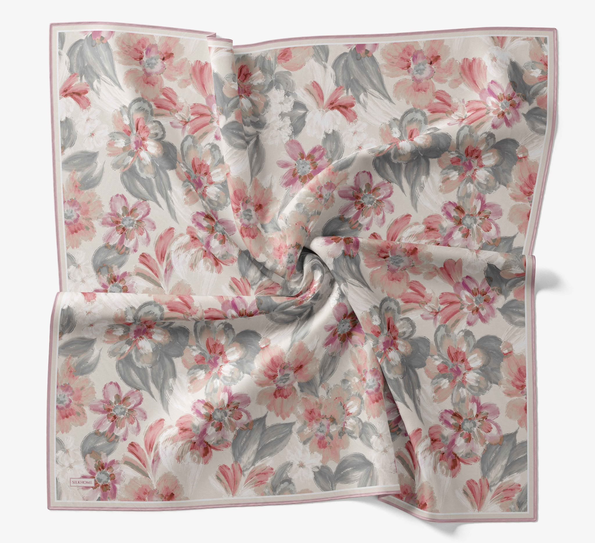 Silk Home Soft Eşarp Gri Pembe Çiçek Desen