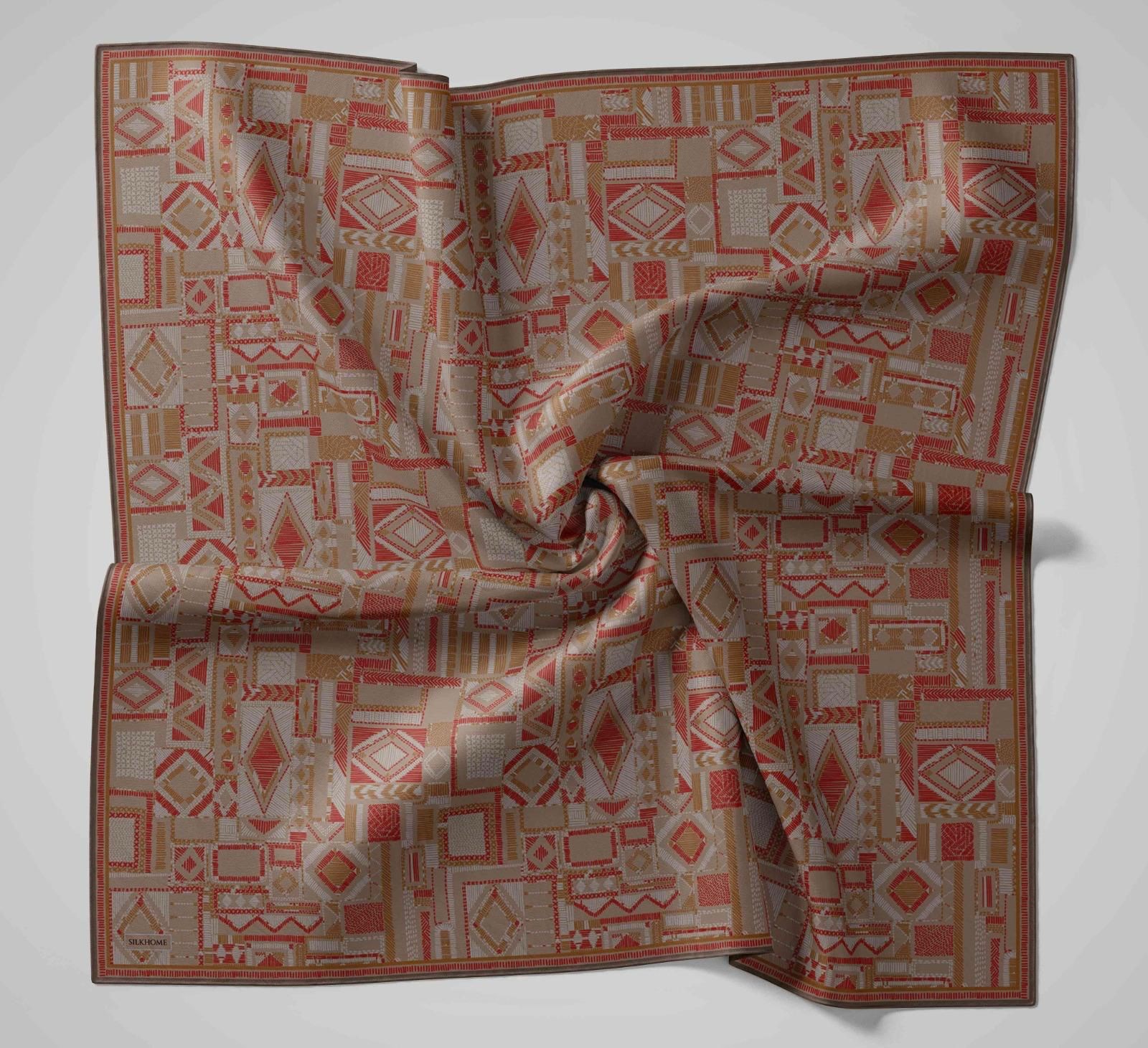 Silk Home Soft Eşarp IST 04265 - 06 Mercan - Hardal Sarısı Geometrik Desen 
