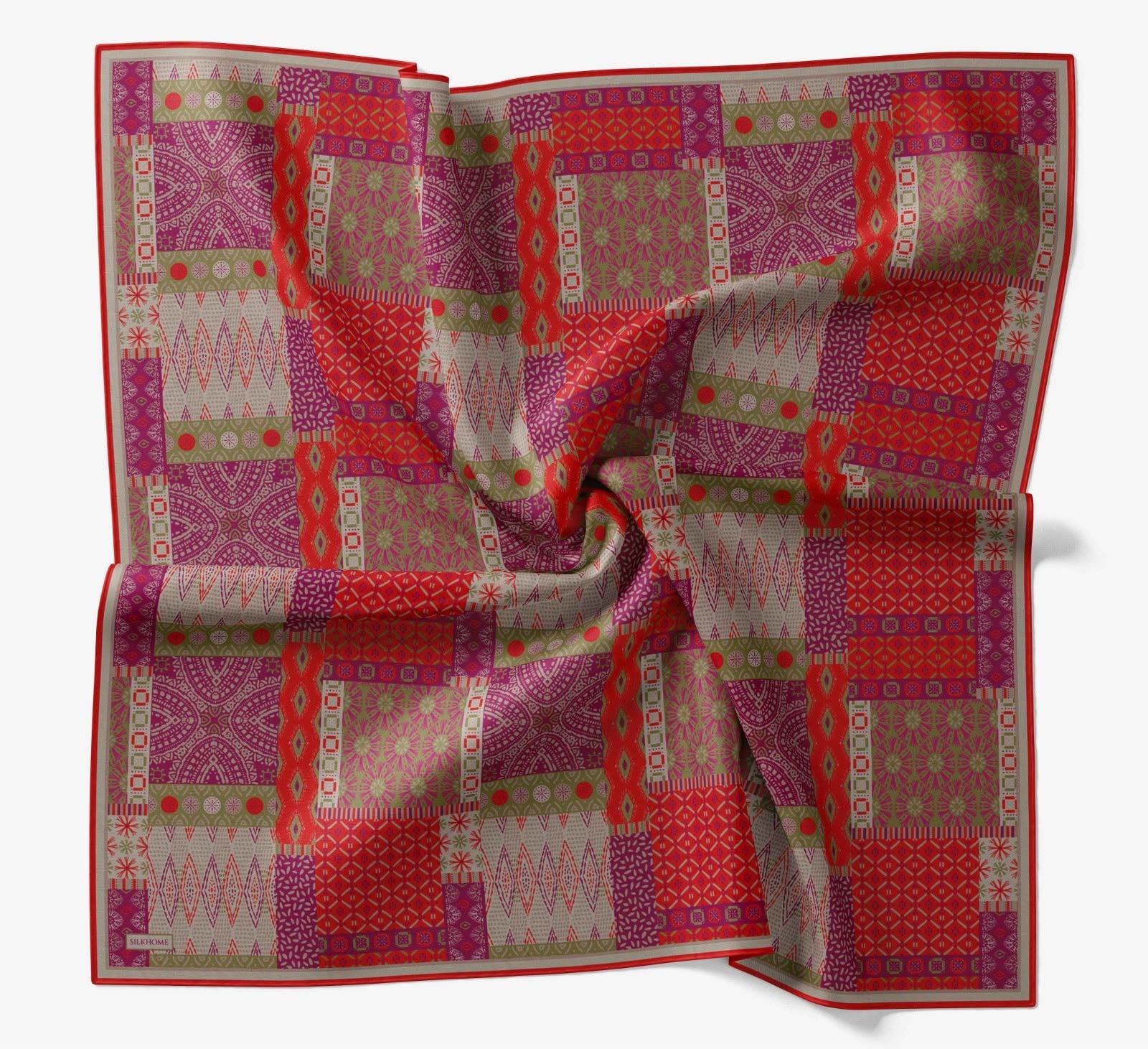 Silk Home Soft Eşarp IST Fuşya - Haki Etnik Desen