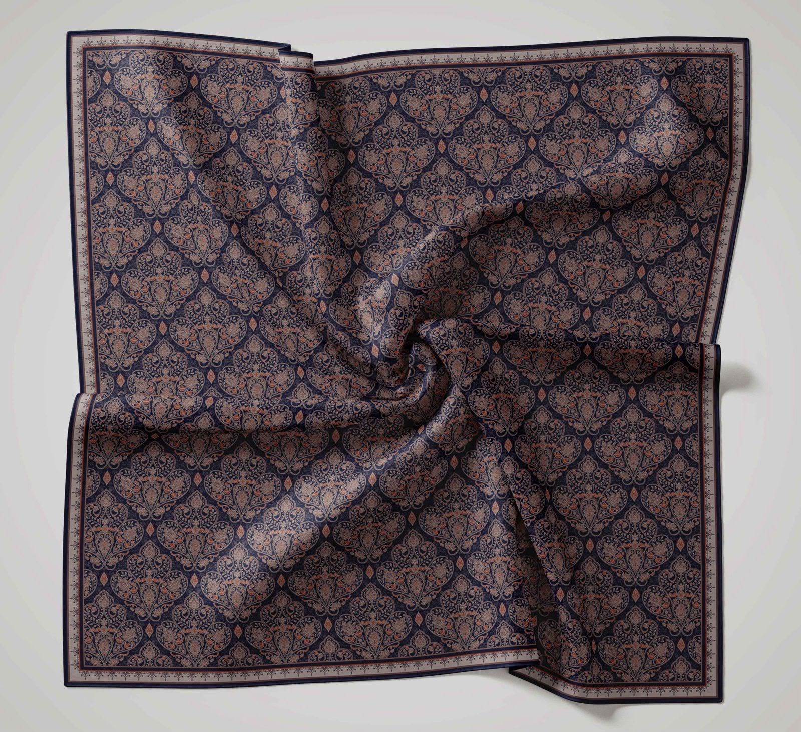 Silk Home Soft Eşarp Lacivert Turuncu Vintage Desen