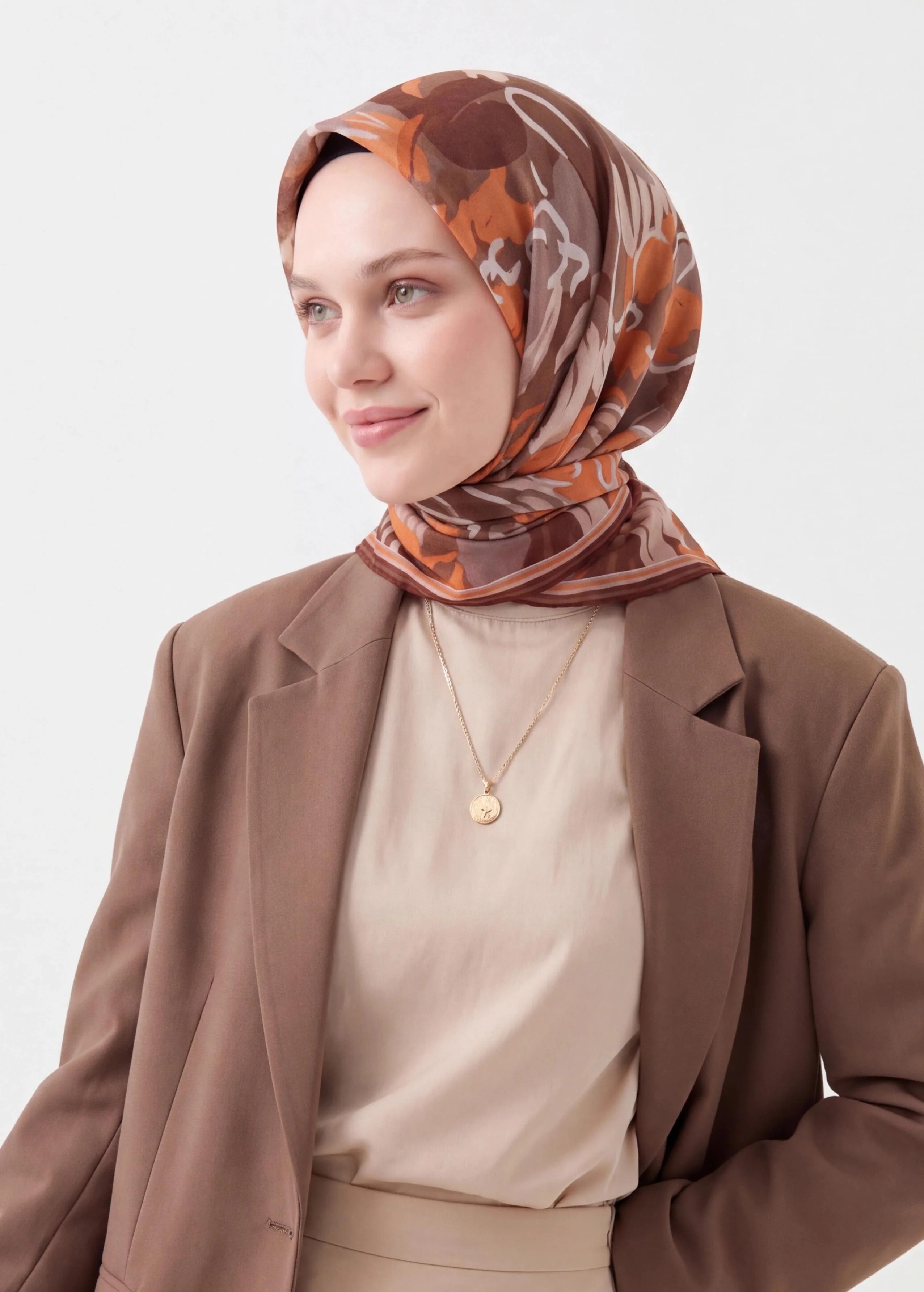 Silk Home Soft Eşarp Soyut Desenli Kahverengi Taba
