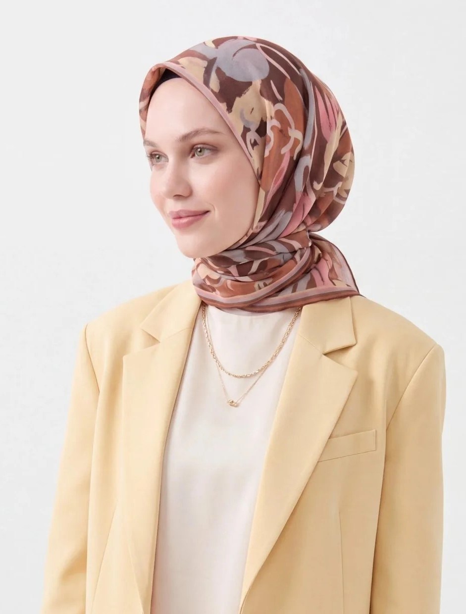Silk Home Soft Eşarp Soyut Desenli Kahverengi Pembe