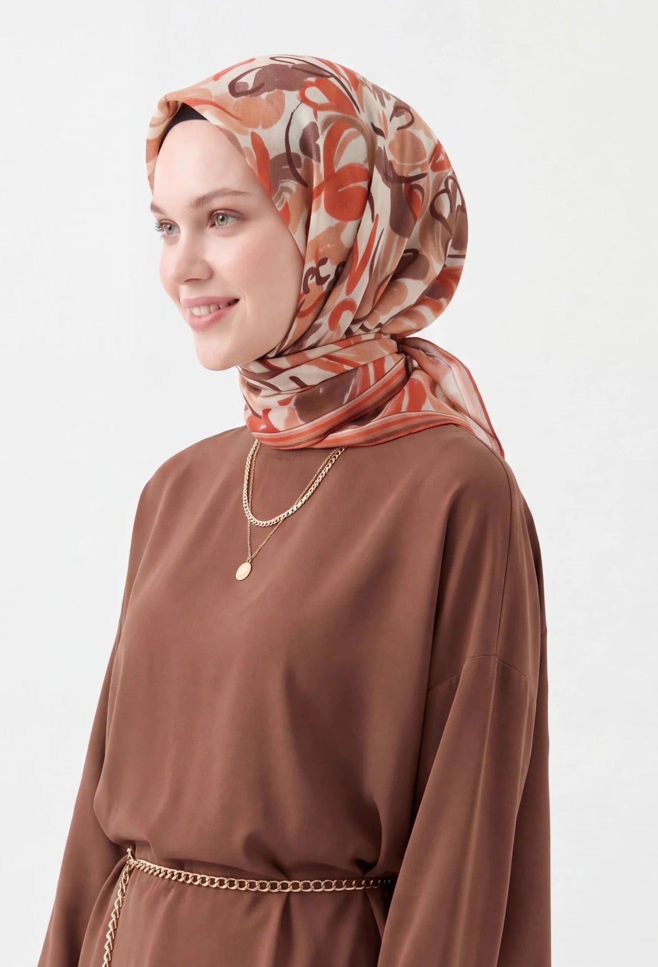 Silk Home Soft Eşarp Soyut Desenli Kahve Somon