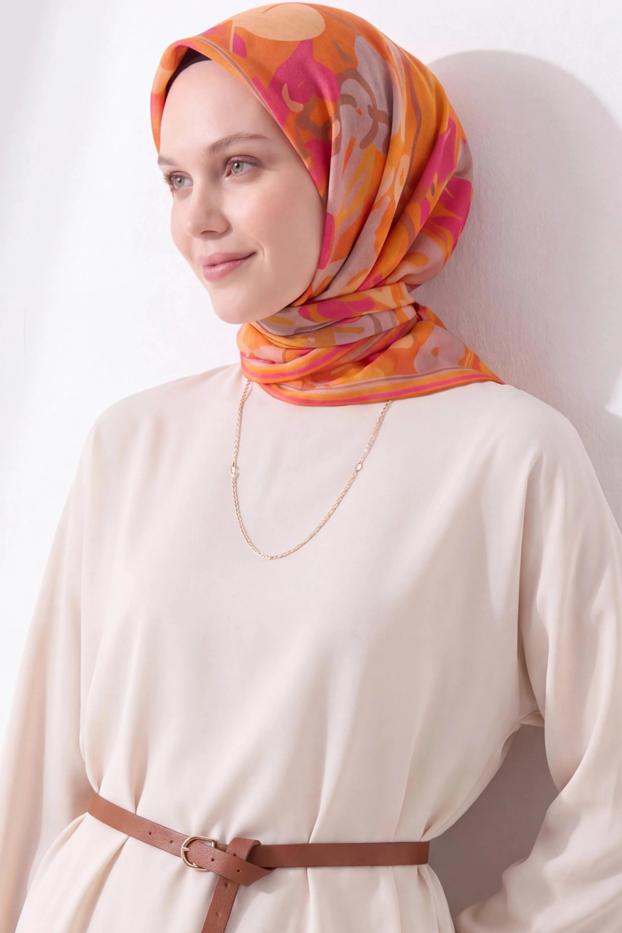 Silk Home Soft Eşarp Soyut Desenli Turuncu Pembe