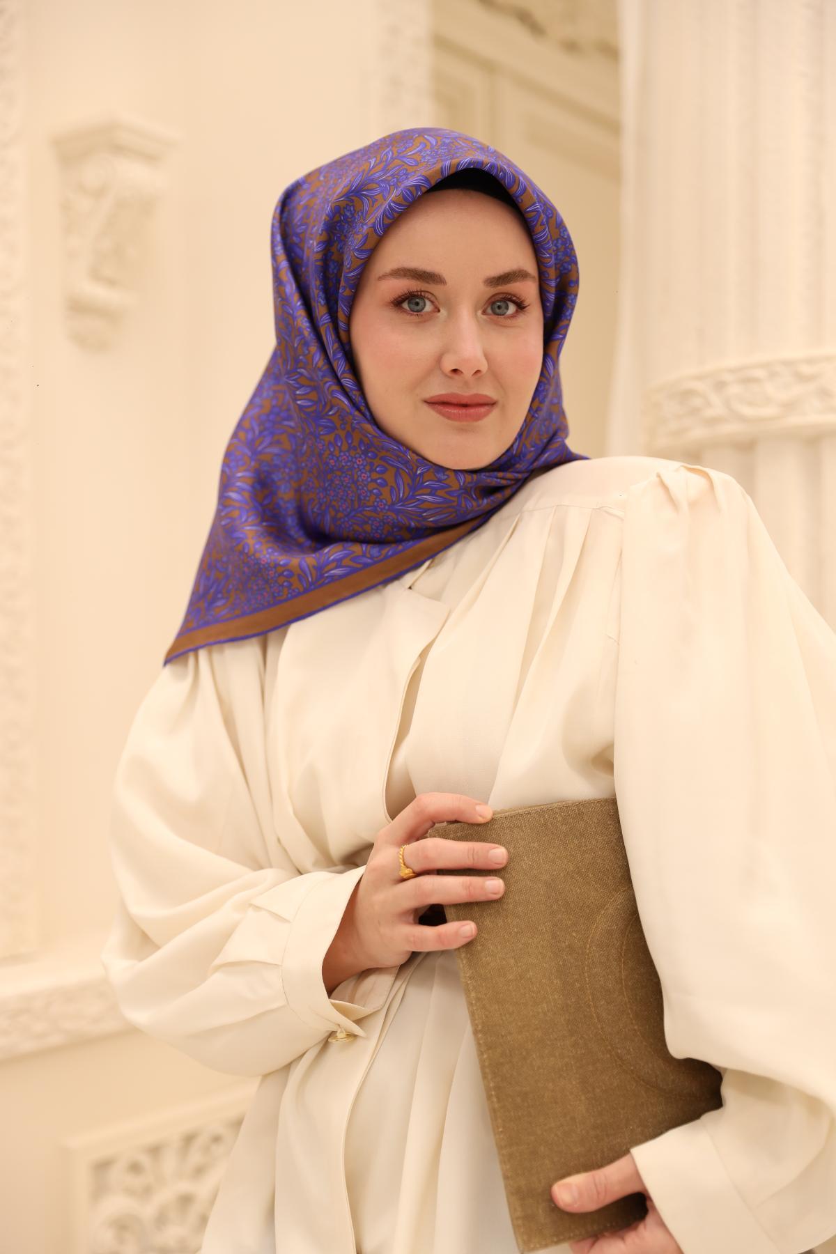 Silk Home Tivil İpek Eşarp 11464-35 Morcivert Karışık Desen