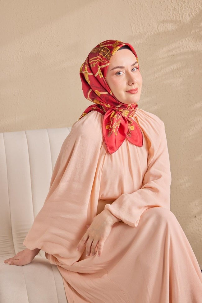 Silk Home Tivil İpek Eşarp 11530 - 05 Kırmızı - Gold  Kemer Desen