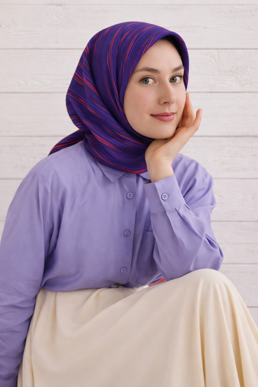 Silk Home Tivil İpek Eşarp IST 1000 - 17 Saks Nar Çiçeği Çizgi Desen