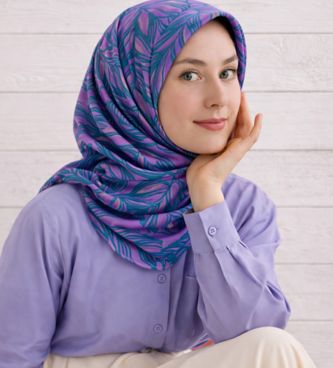 Silk Home Tivil İpek Eşarp IST 1000 - 18 Petrol Mavi - Lila Yaprak Desen