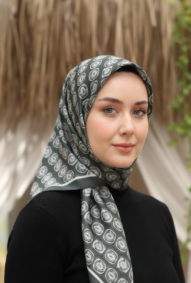Silk Home Tivil İpek Eşarp IST 1000- 3 Haki Yeşili Geometrik Desen