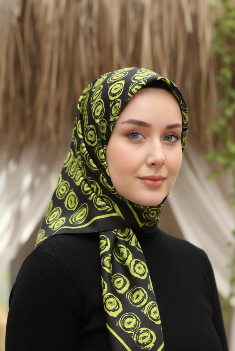 Silk Home Tivil İpek Eşarp IST 1000- 5 Siyah - Yağ Yeşil Geometrik  Desen