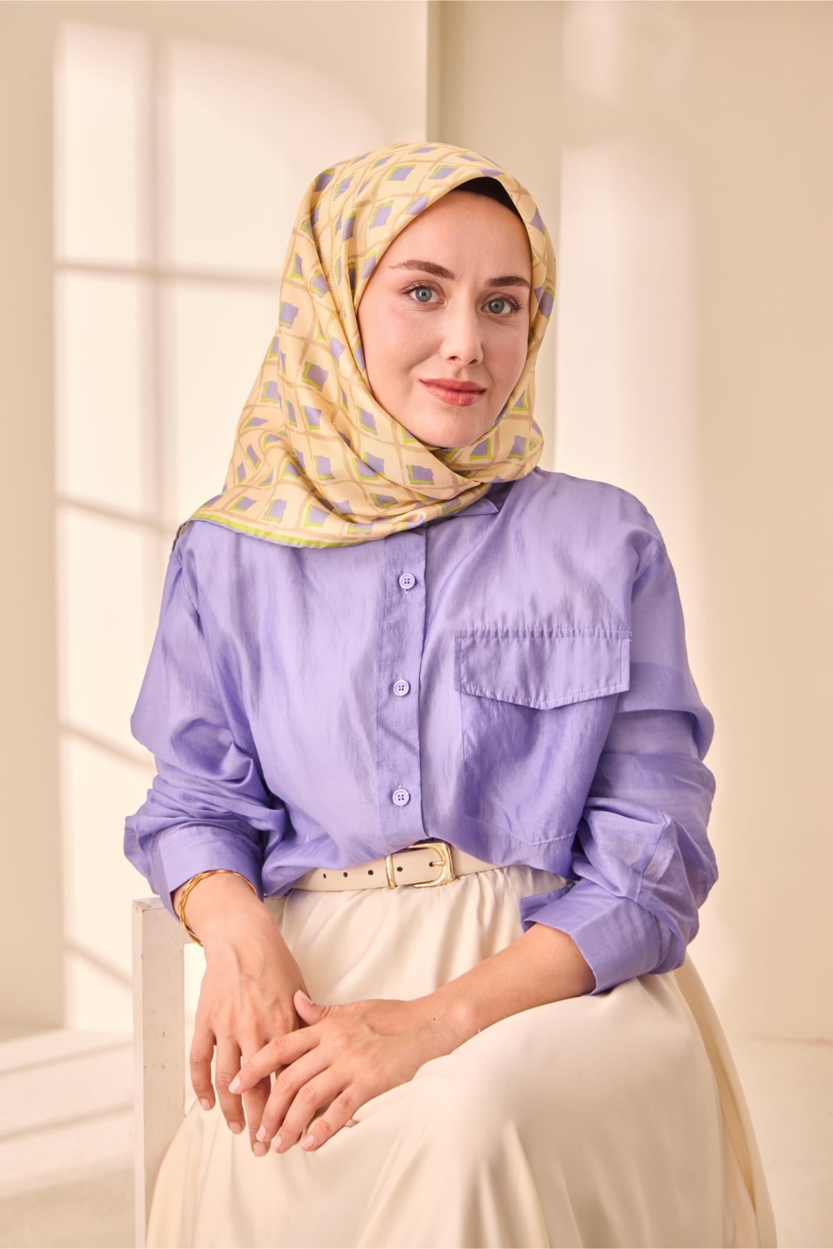 Silk Home Tivil İpek Eşarp IST 11474 - 12  Limon Sarısı Geometrik Desen