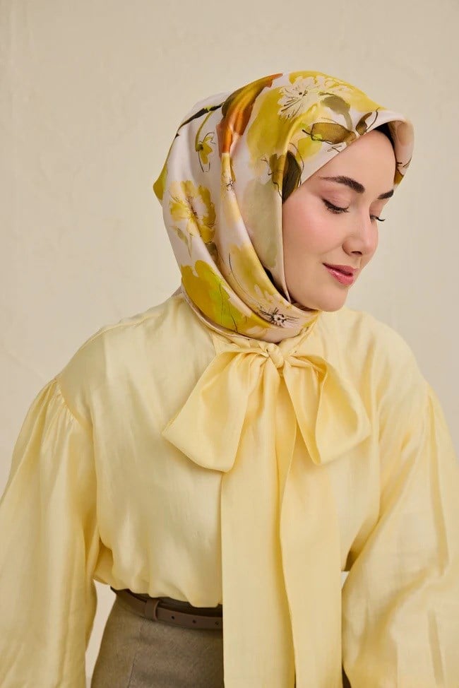 Silk Home Tivil Saf İpek 11498 - 15 Sarı Çiçek Desen