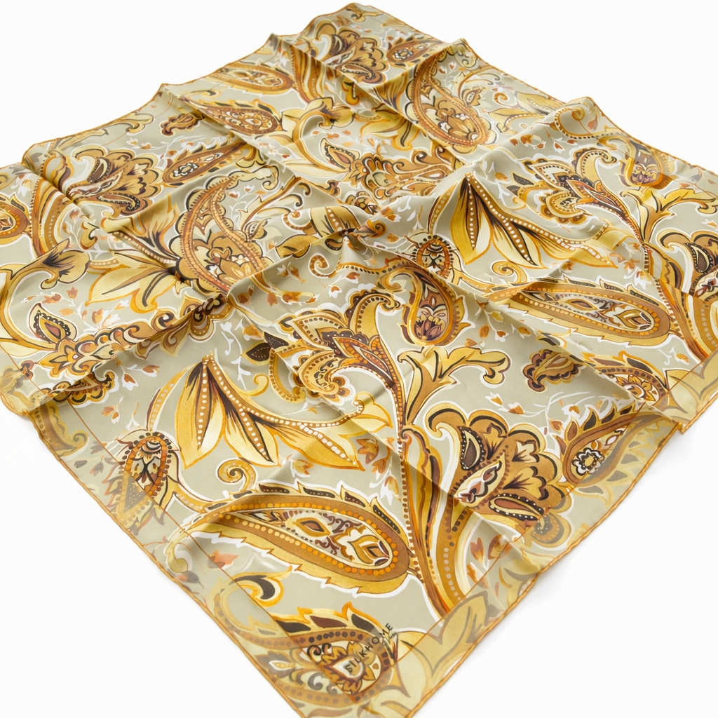 Silk Home Tivil Saf İpek 11504 - 16 Hardal - Yeşil Etnik Desen 