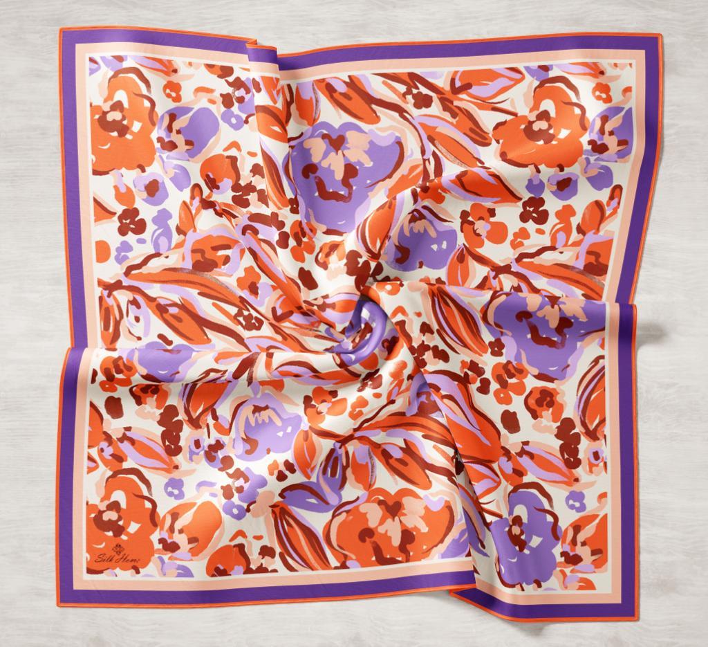 Silk Home Turuncu-Mor Desenli Tivil İpek Eşarp 11405-18
