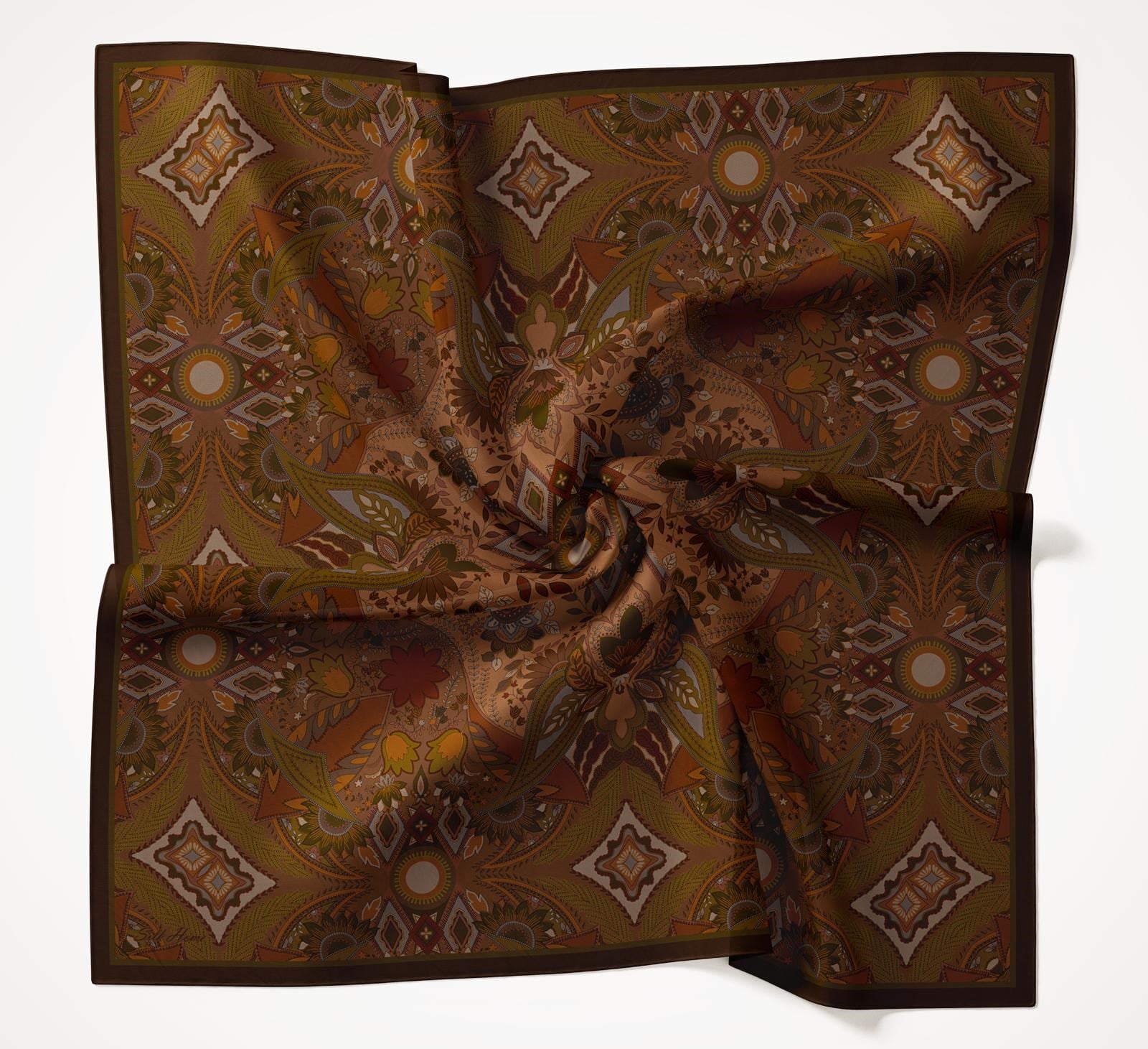 Silk Home Velora Eşarp IST 160005-31 Haki yeşil - Turuncu Etnik Desen