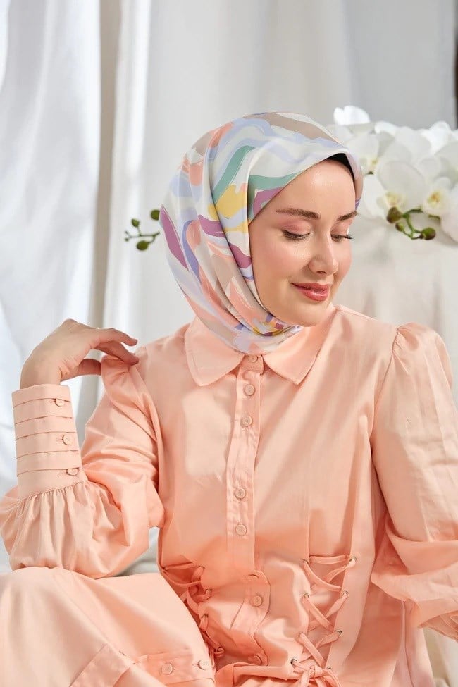 Silkhome Tivil İpek Eşarp 11541 08 Vizon Somon Soyut Desen