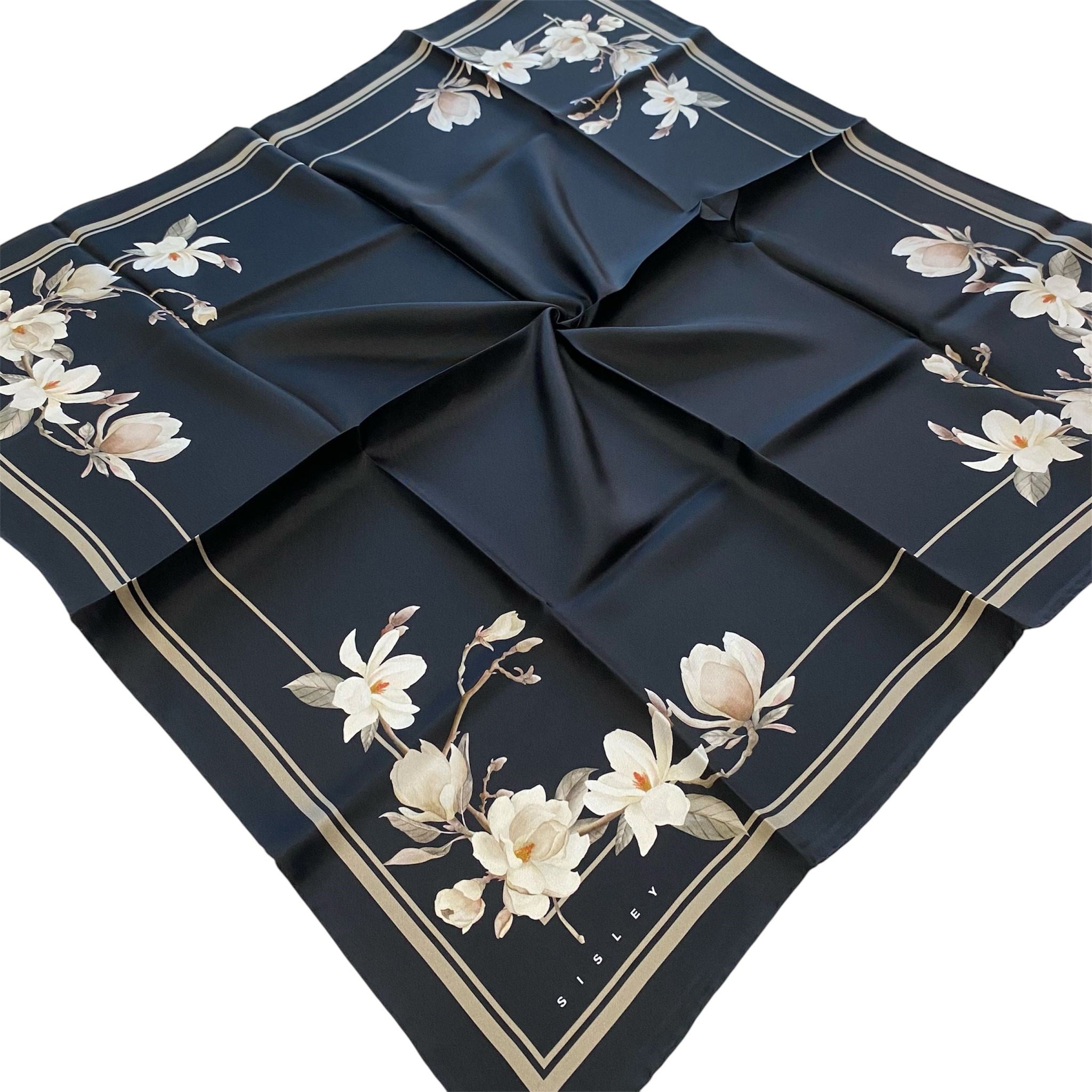 Sisley Sura Saf İpek Eşarp Siyah Çiçek Desen 2036 - 002