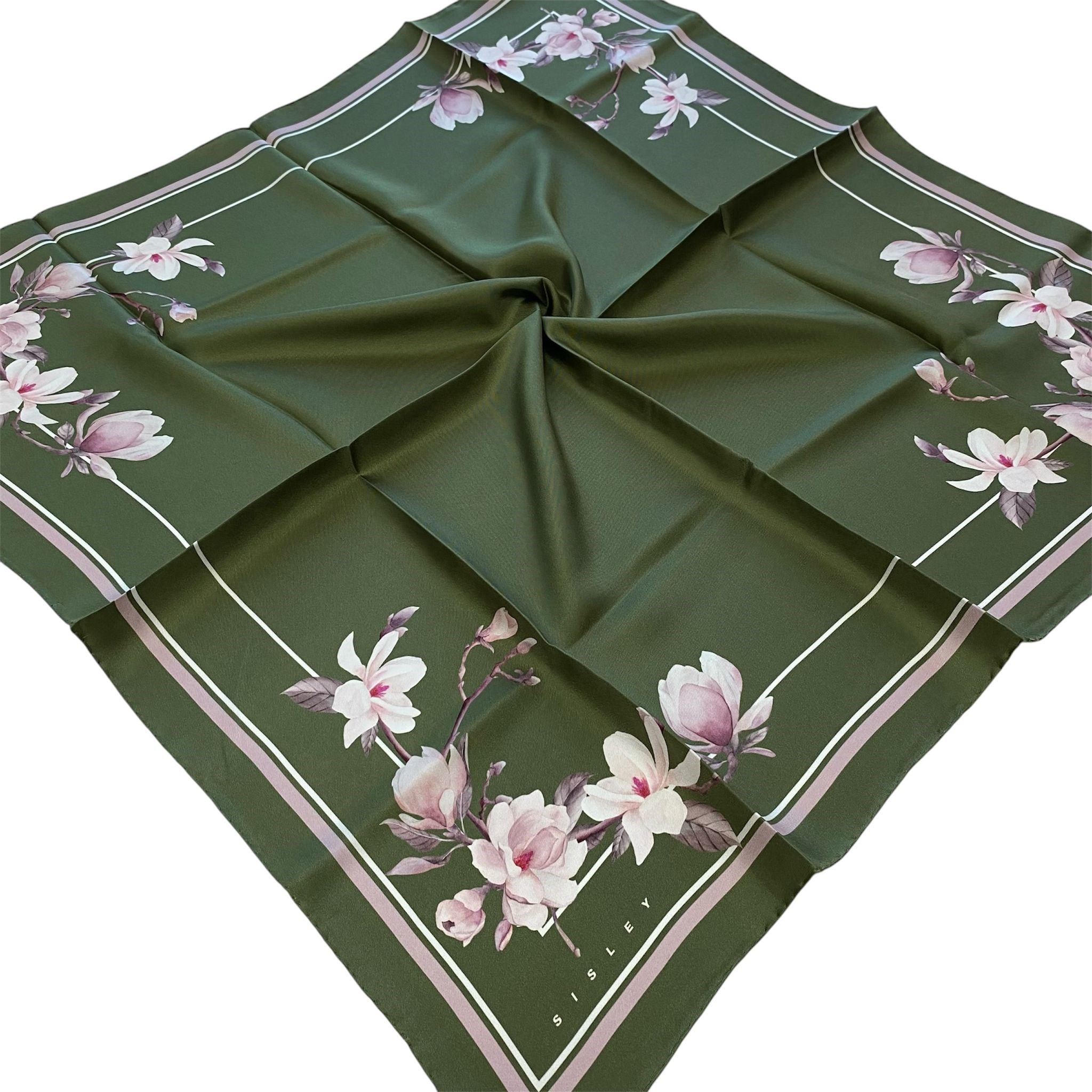 Sisley Sura Saf İpek Eşarp Yeşil Çiçek Desen 2036 - 005
