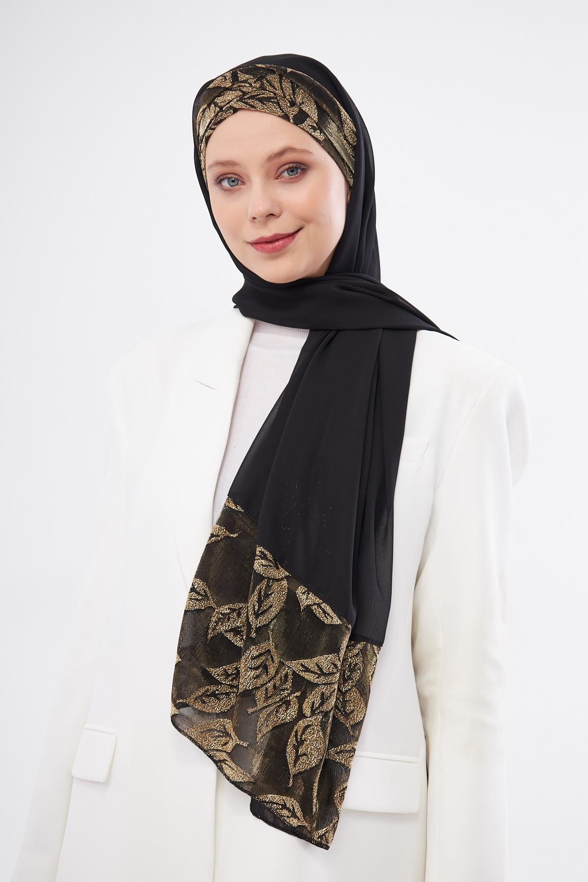 Siyah Çapraz Arkadan Bağlamalı Şal Şifon Çiçek Desenli 2330_01
