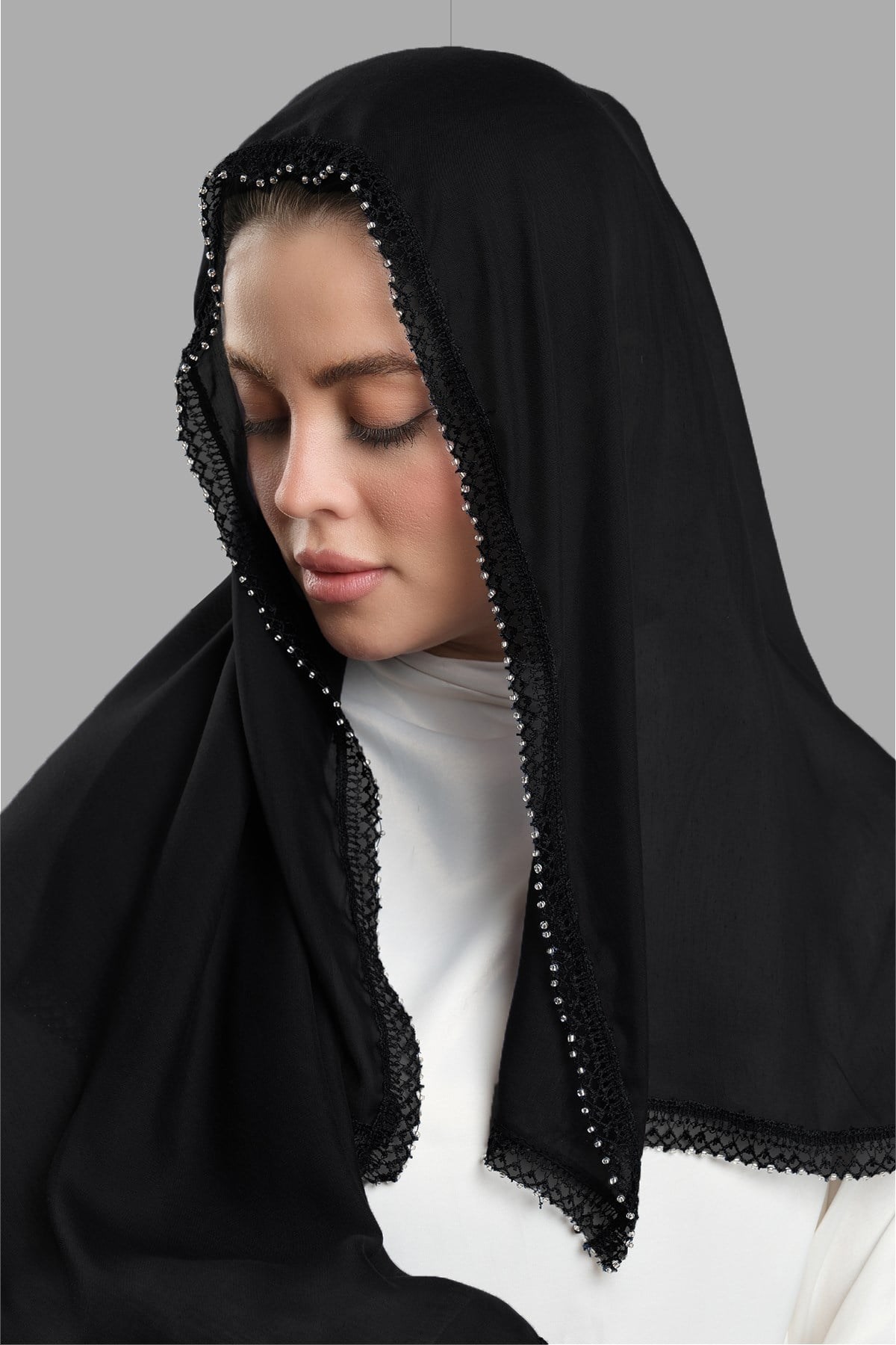 Siyah Nikah Namaz Başörtüsü Eşarp Kesik Elyaf Boncuklu Güpürlü 202213_01