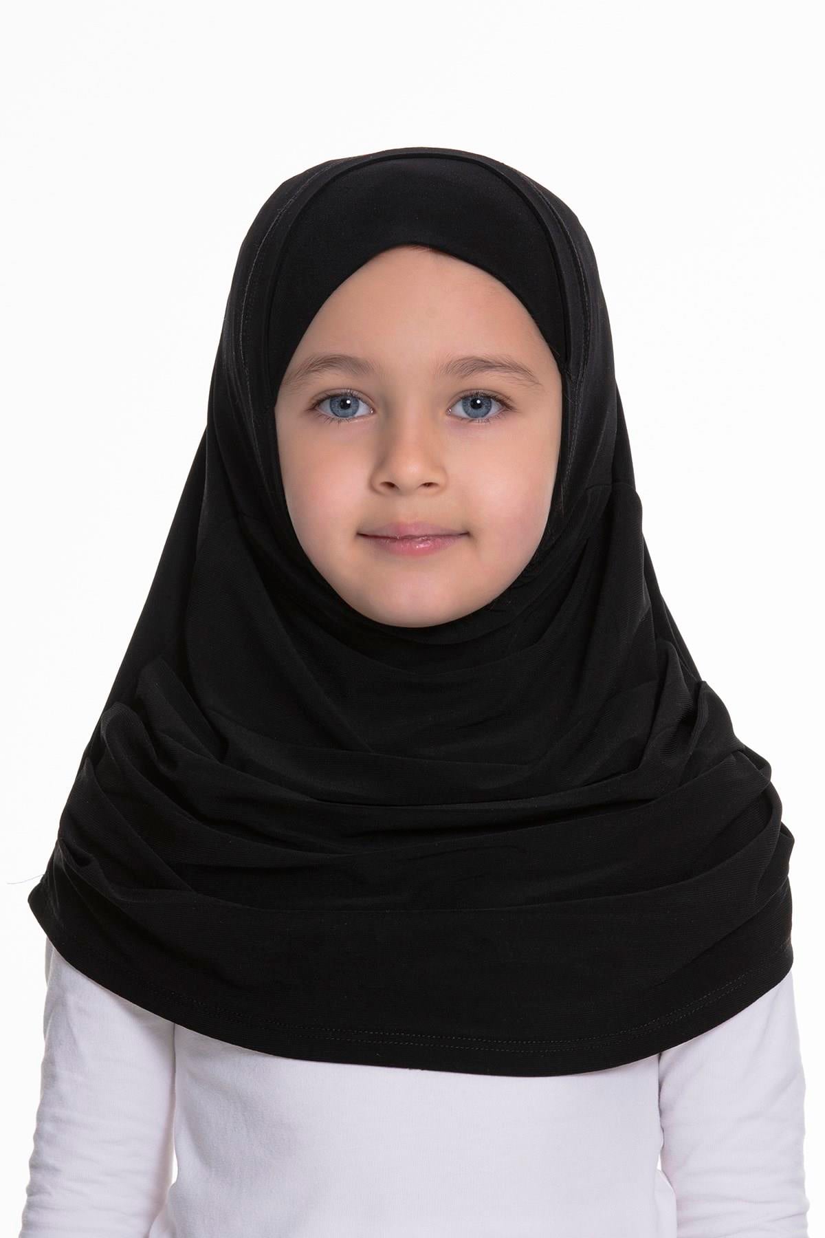Siyah Pratik Hazır Geçmeli Çocuk Tesettür Bone Sandy Kumaş Kendinden Boneli 78_01