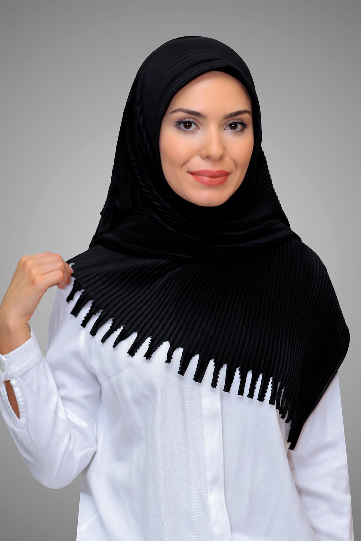 Siyah Pratik Hazır Geçmeli Tesettür Eşarp Kesik Elyaf Piliseli Saçaklı Lazer Kesim 1818_01