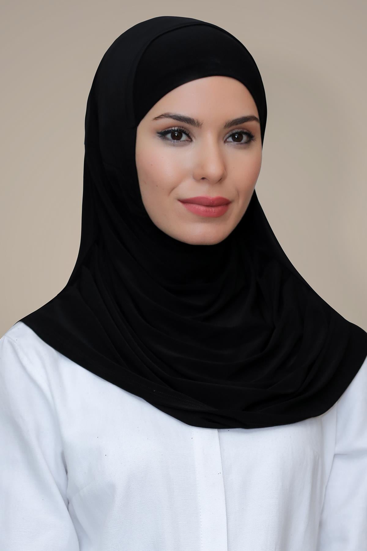 Siyah Pratik Hazır Geçmeli Tesettür Eşarp Sandy Kumaş Kendinden Boneli 1290_01