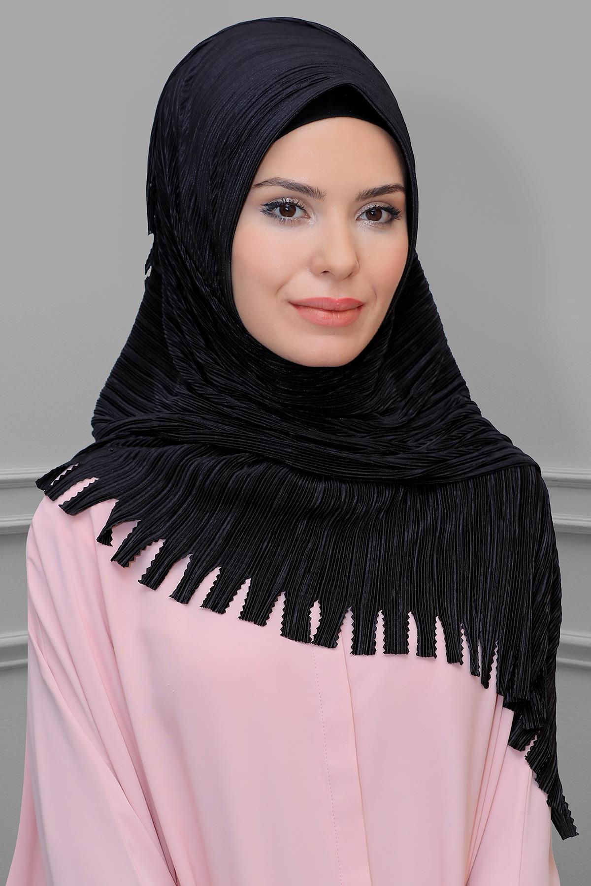 Siyah Pratik Hazır Geçmeli Tesettür Eşarp Fukuro Piliseli Saçaklı Lazer Kesim 1828_01