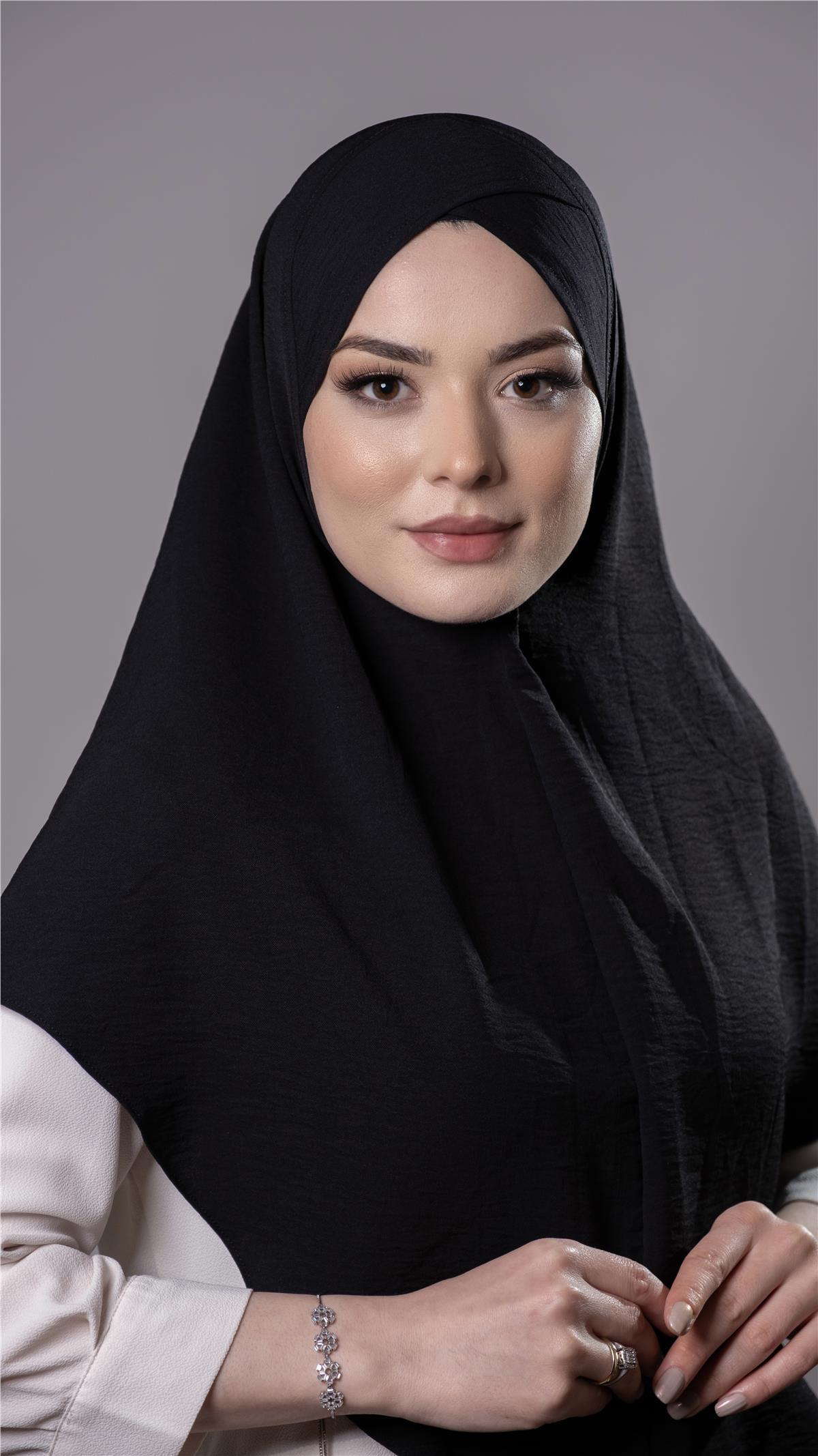 Siyah Pratik Hazır Geçmeli Tesettür Eşarp Aerobin Kumaş  Çapraz Hijab 2307_01