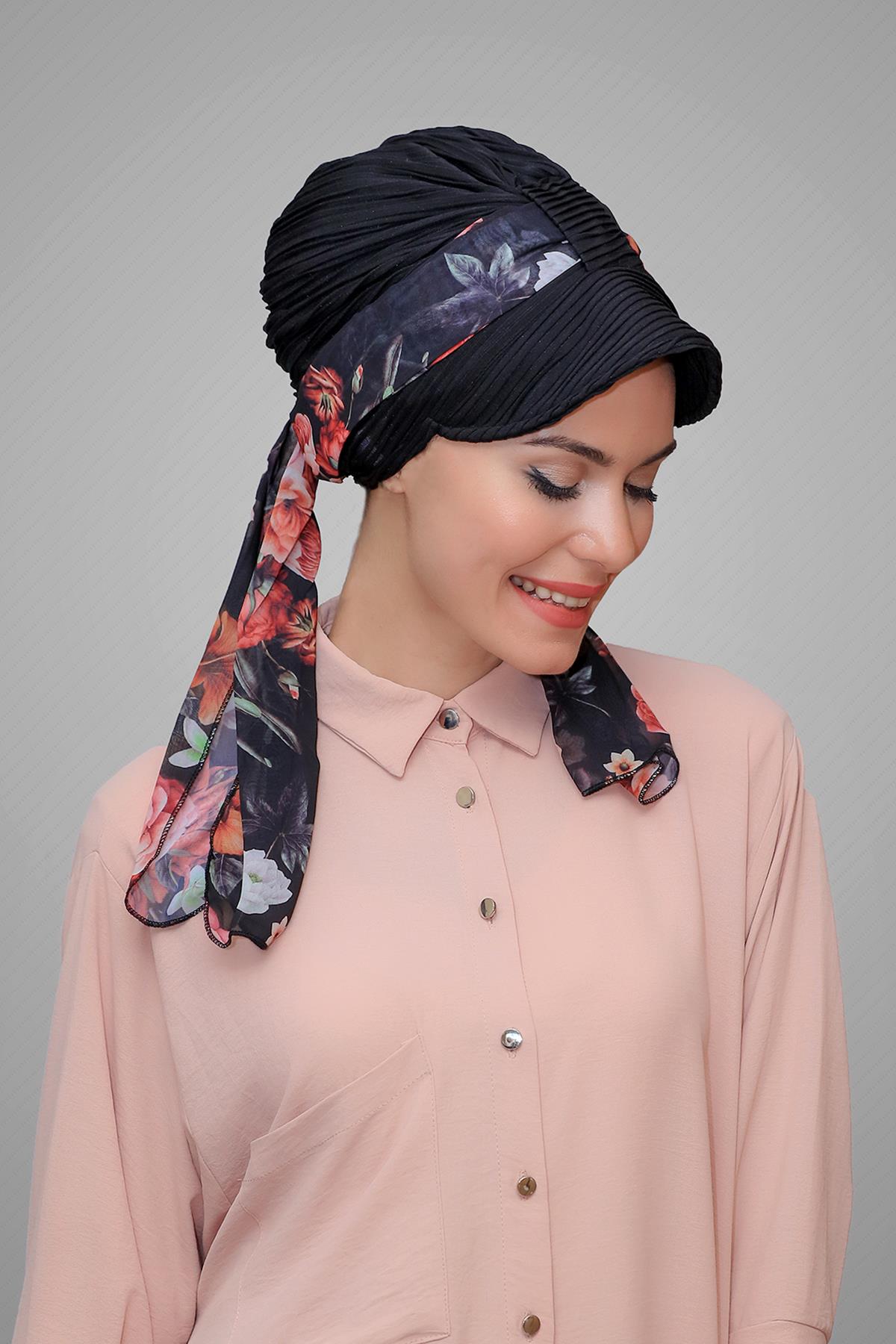 Siyah Şapkalı Tesettür Bone Kesik Elyaf Desenli Şifon Kemerli 1902_01