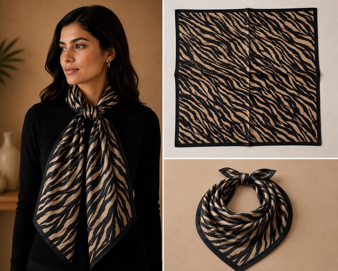 Siyah Zebra Desenli İpek Fular