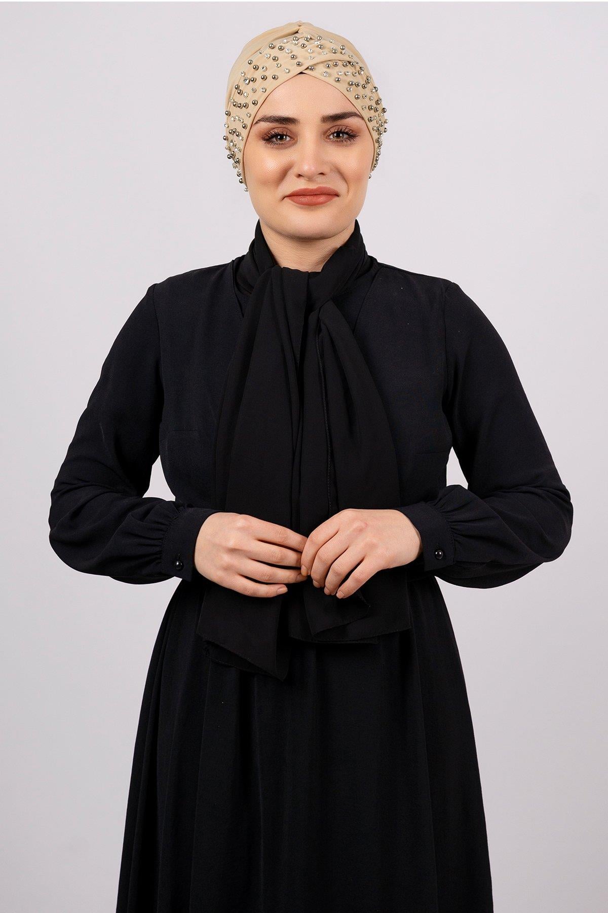 Sütlü Kahve Pratik Hazır Geçmeli Tesettür Bone Sandy Kumaş Taşlı 1456_26