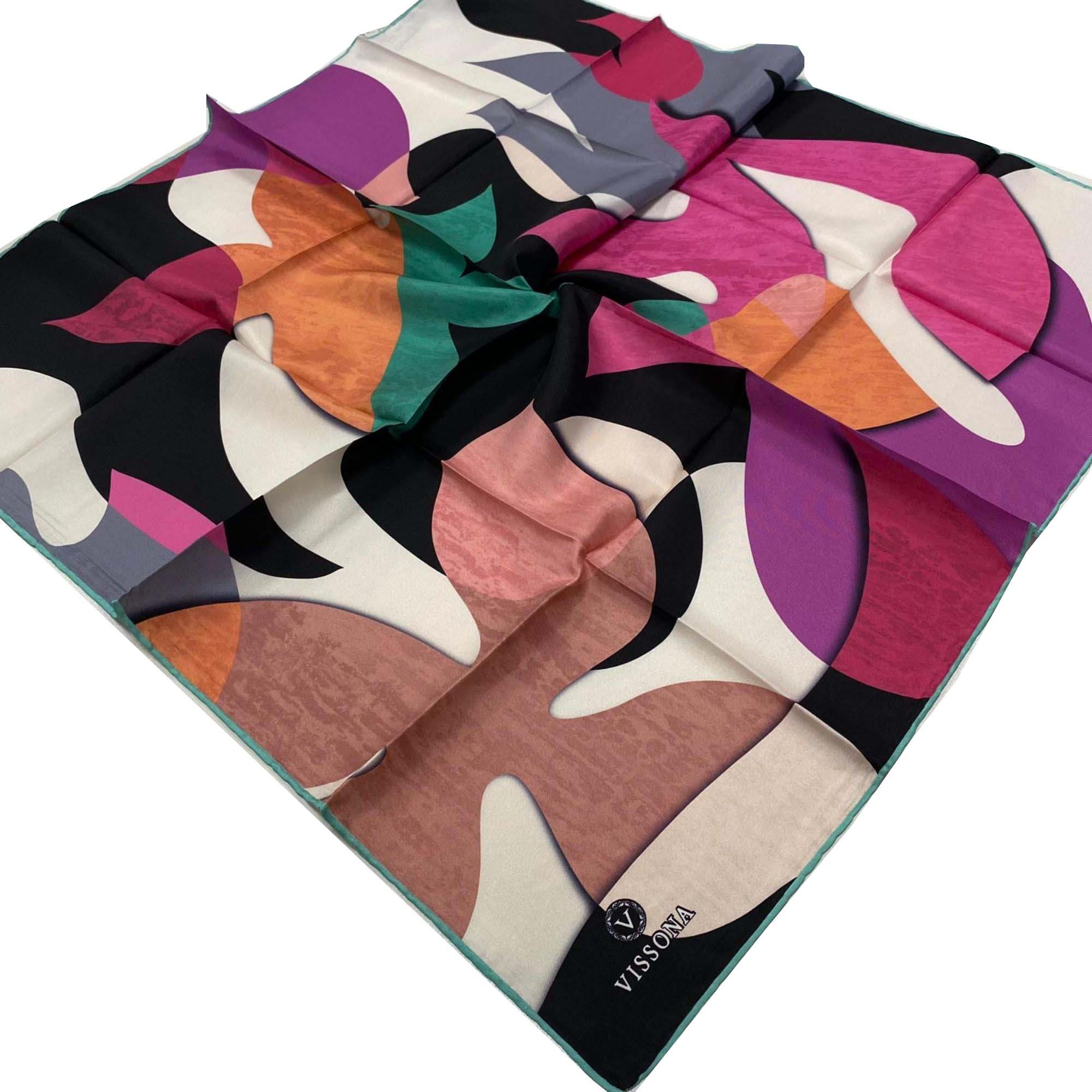 Vissona PinkMint Green Wave Patterned Twill Silk Scarf 83652434