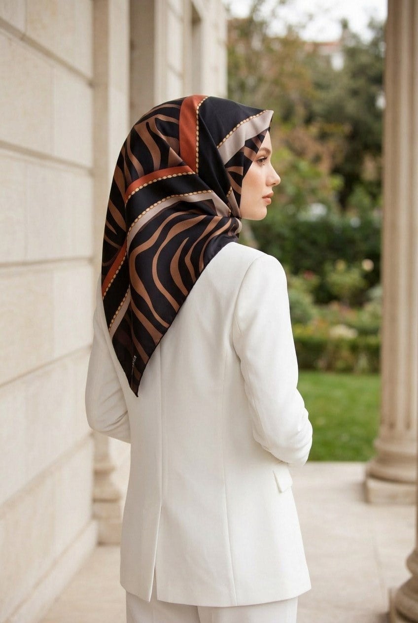 Vissona Tivil İpek Eşarp 10581 05 Siyah Taba Zebra Desen