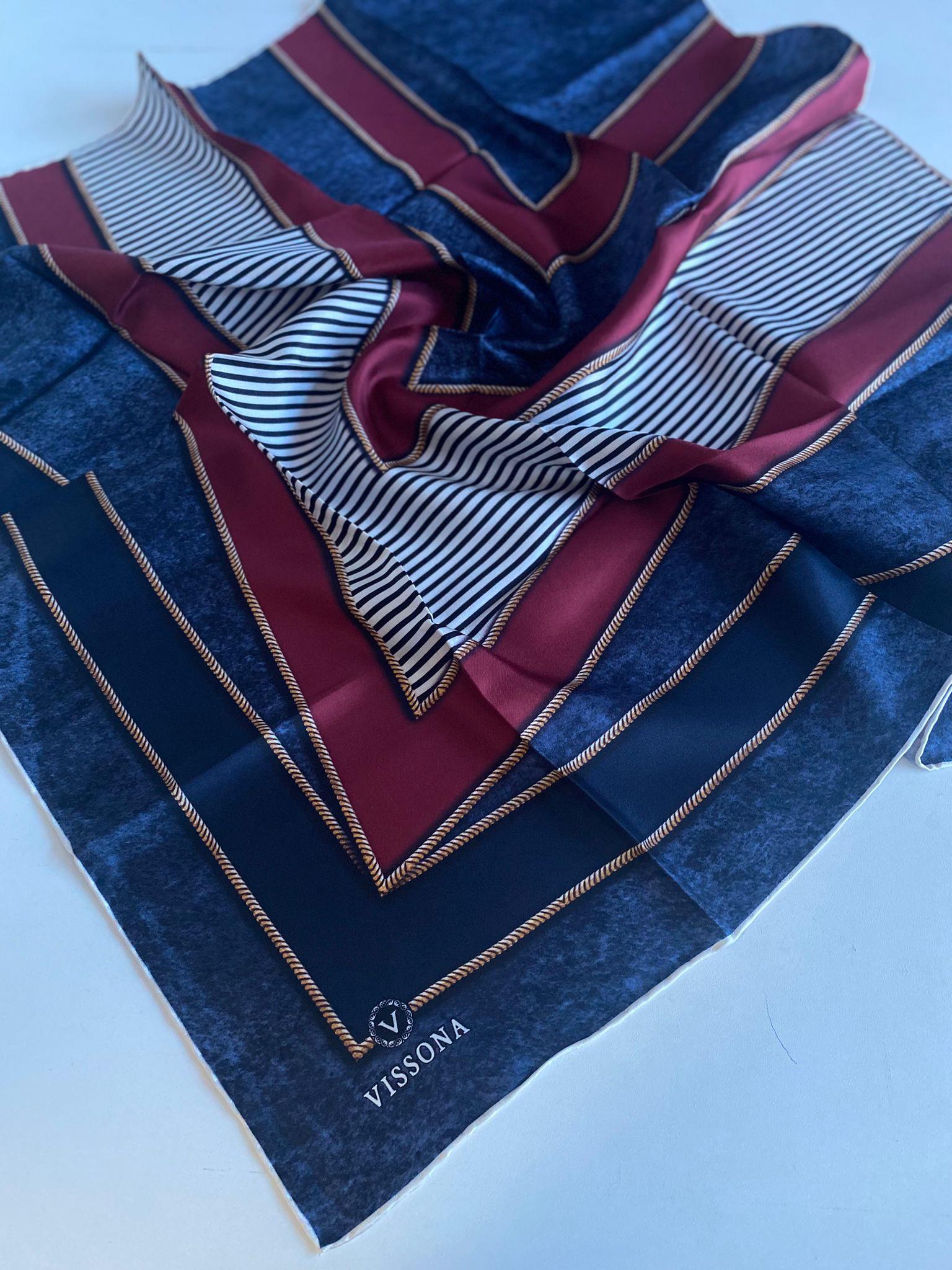 Vissona Tivil İpek Eşarp 10646  - 0031 - 0018 Lacivert Bordo Çizgi Desen