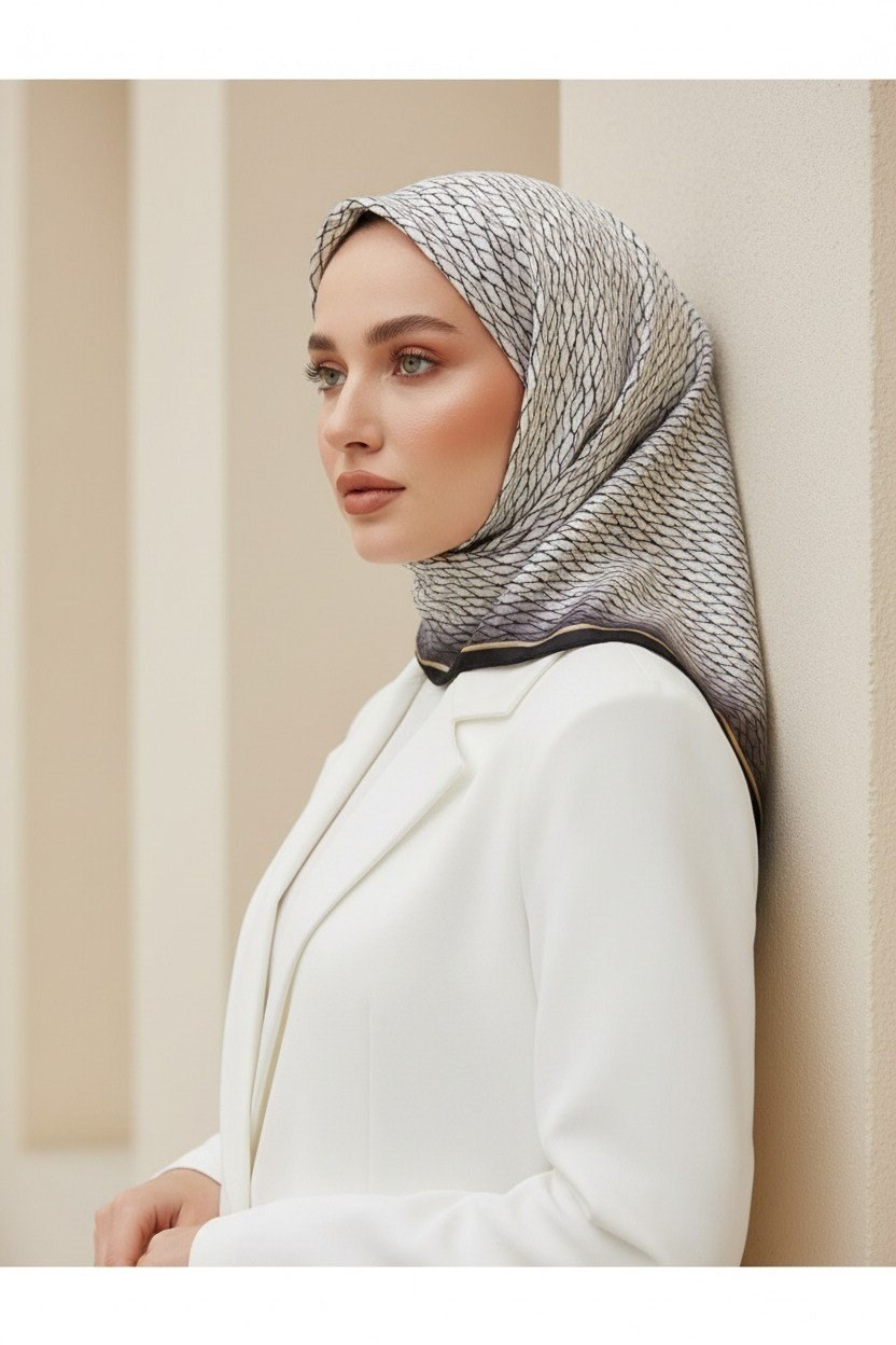 Vissona Tivil İpek Eşarp 10670 - 2 - 0003 - 0001 Krem Siyah Soyut Desen