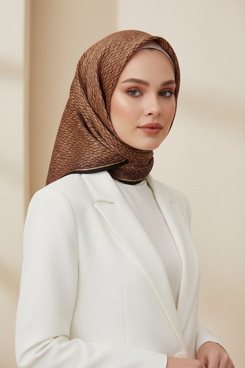 Vissona Tivil İpek Eşarp 10670 - 4 - 0015 - 0001 Bakır Siyah Soyut Desen