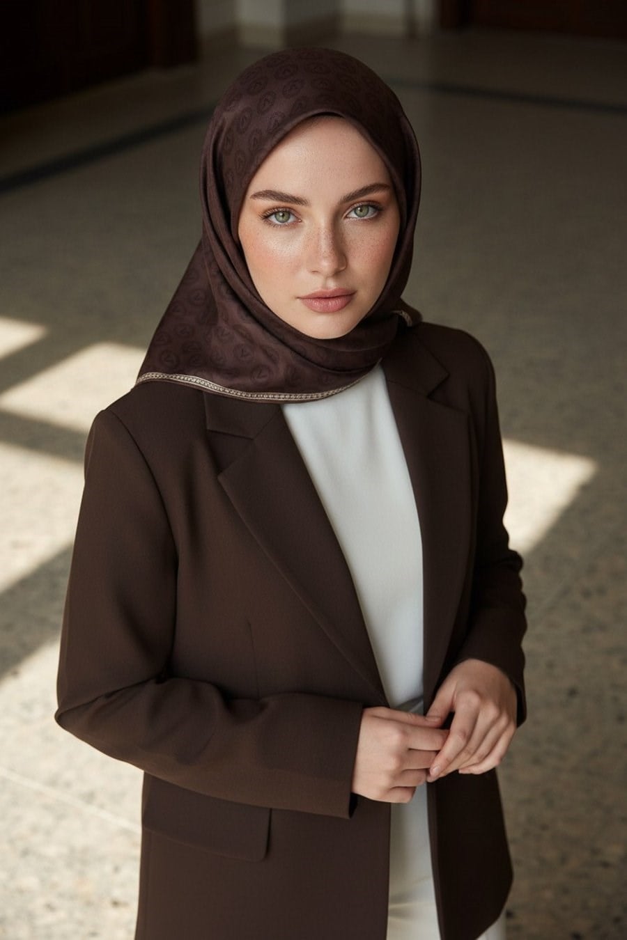 Vissona Tivil İpek Eşarp 11276 - 0007 Kahverengi Monogram Desen