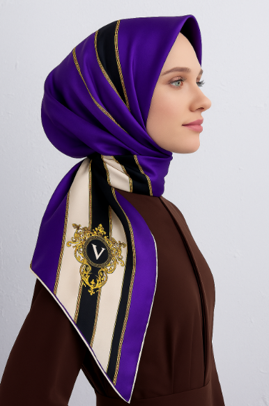 Vissona Tivil İpek Eşarp 16287 - 0023 - 0001 Mor Siyah Çizgi Desen