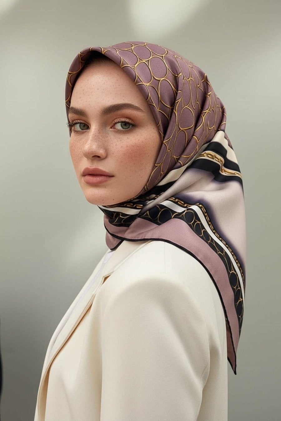 Vissona Tivil İpek Eşarp 17147 - 6 - 0019 - 0001 Pudra Siyah Halka Desen