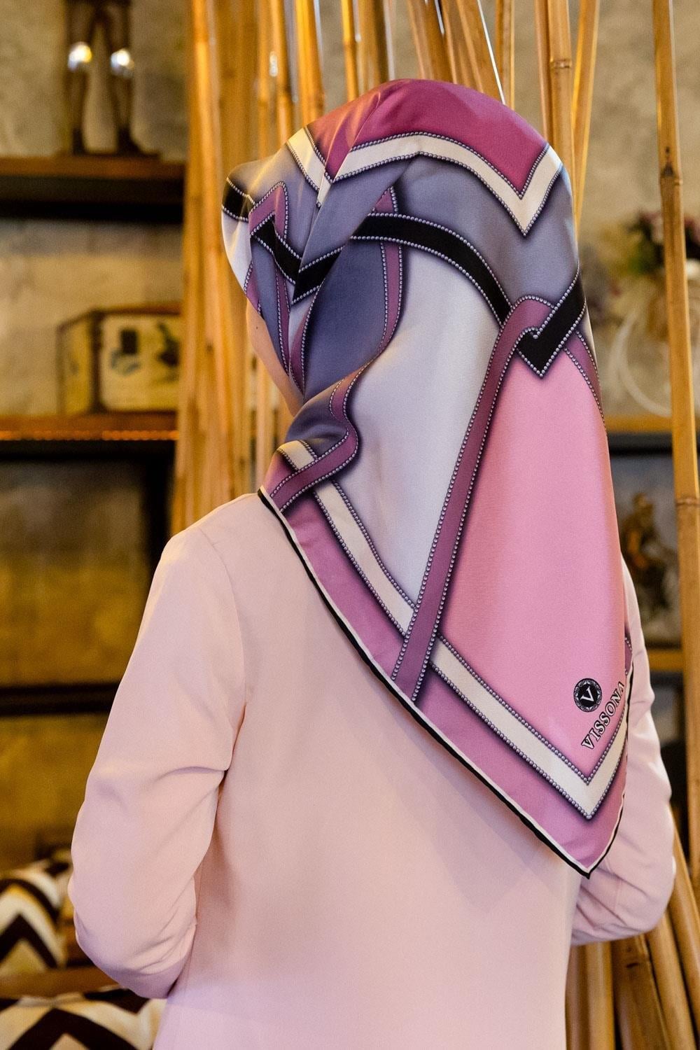 Vissona Tivil İpek Eşarp 17204 - 0022 - 0028 Pembe Lila Batik Desen