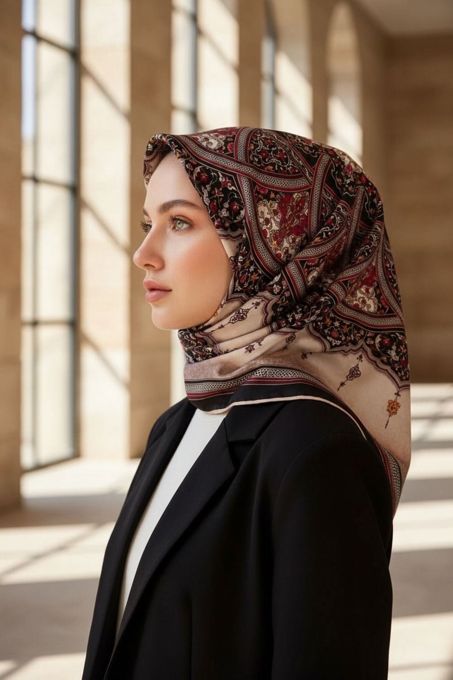 Vissona Tivil İpek Eşarp 17376- 3 - 0001- 0018 Siyah Bordo Şal Desen