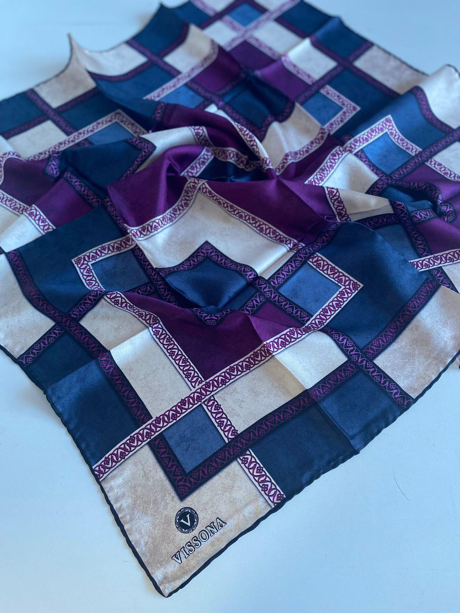 Vissona Tivil İpek Eşarp 17526 - 8 - 0031 - 0026 İndigo Mürdüm Batik Desen