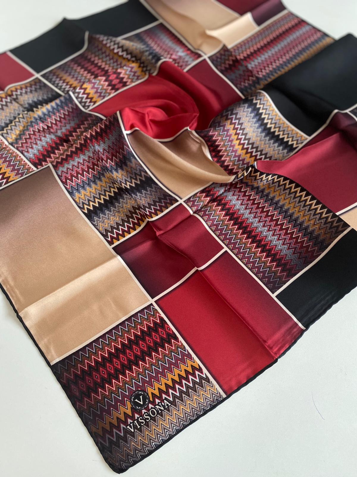 Vissona Tivil İpek Eşarp 17532 - 0018 - 0004 Bordo Bej Batik Desen