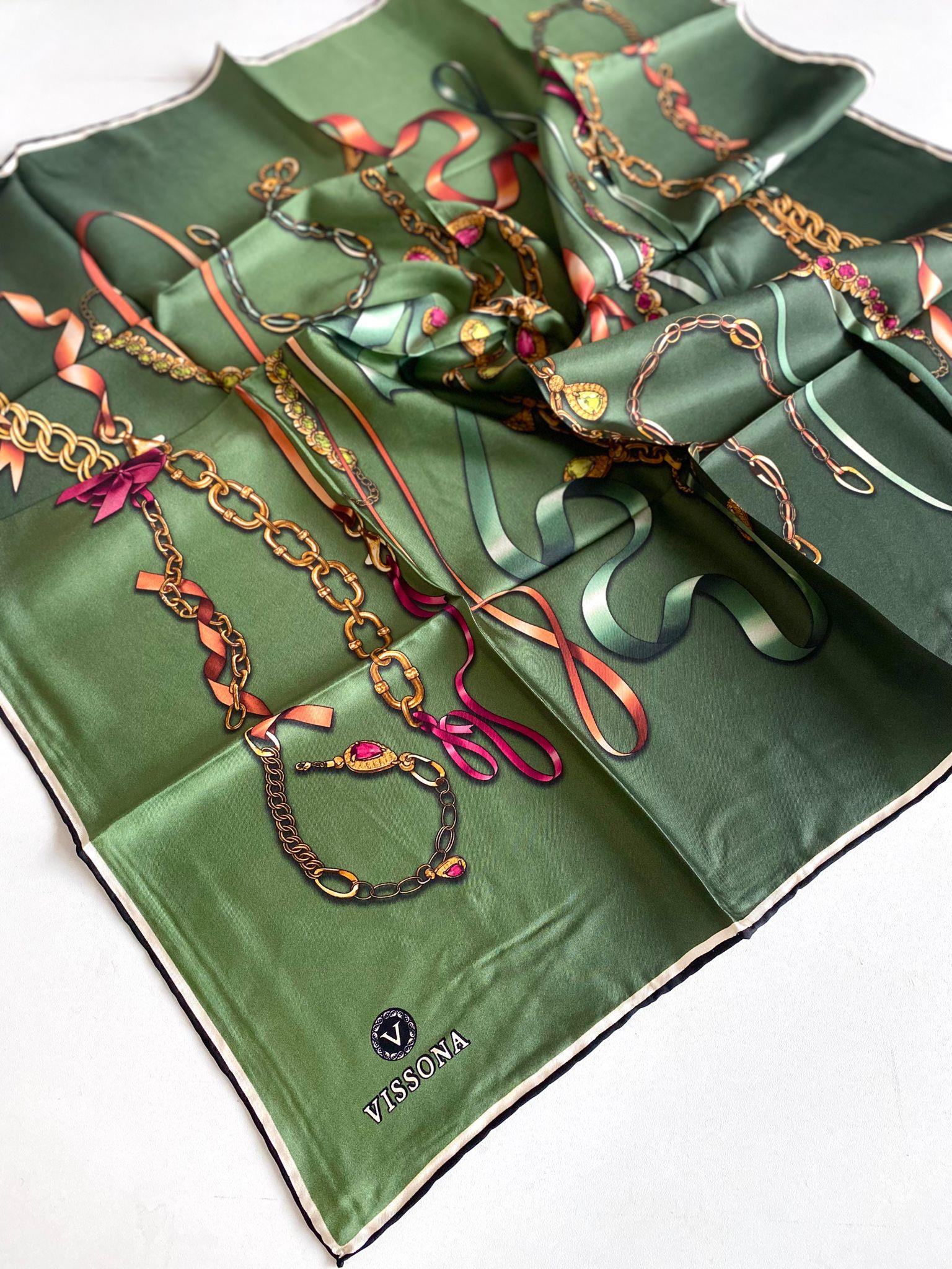 Vissona Twill Silk Scarf 17558 - 14 - 0037 - 0025 Khaki Chain Pattern
